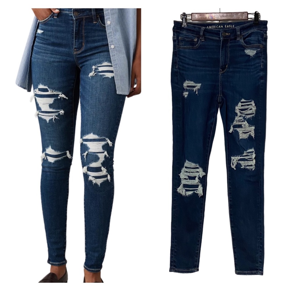 American Eagle Next Level Stretch Hi Rise Patched Jeans Women’s 10 Blue